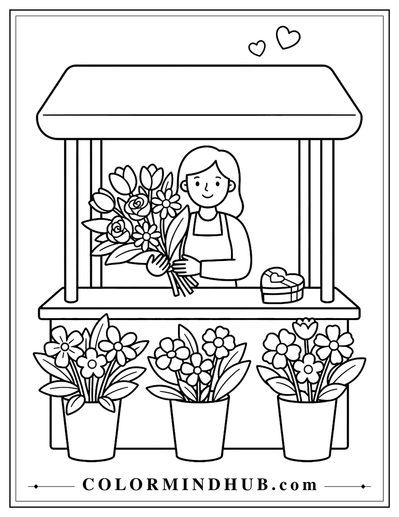Flower seller holding a bouquet behind a stall displaying three bunches of flowers in buckets and a heart-shaped gift box on the counter.