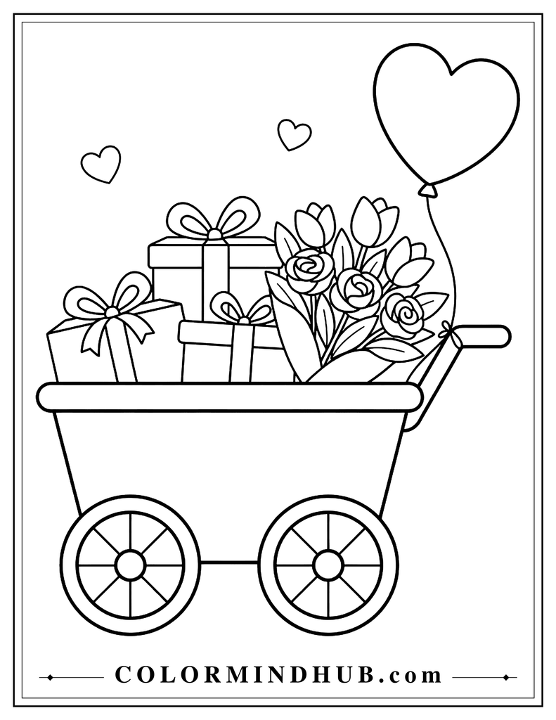 Small gift cart carrying wrapped presents and a flower bouquet, with a heart-shaped balloon tied to the handle and two hearts nearby.