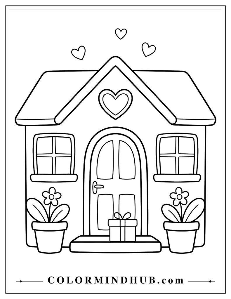 Small Valentine-themed house with a heart above the front door, two windows, flower pots beside the entrance, a gift on the doorstep, and three hearts in the sky.