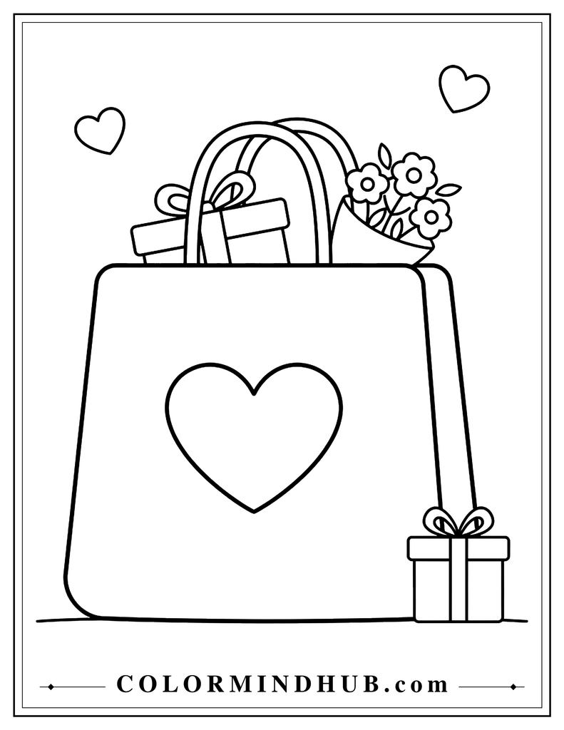 Valentine shopping bag with heart decoration, a wrapped gift and flower bouquet inside, a small gift box beside it, and two hearts above.