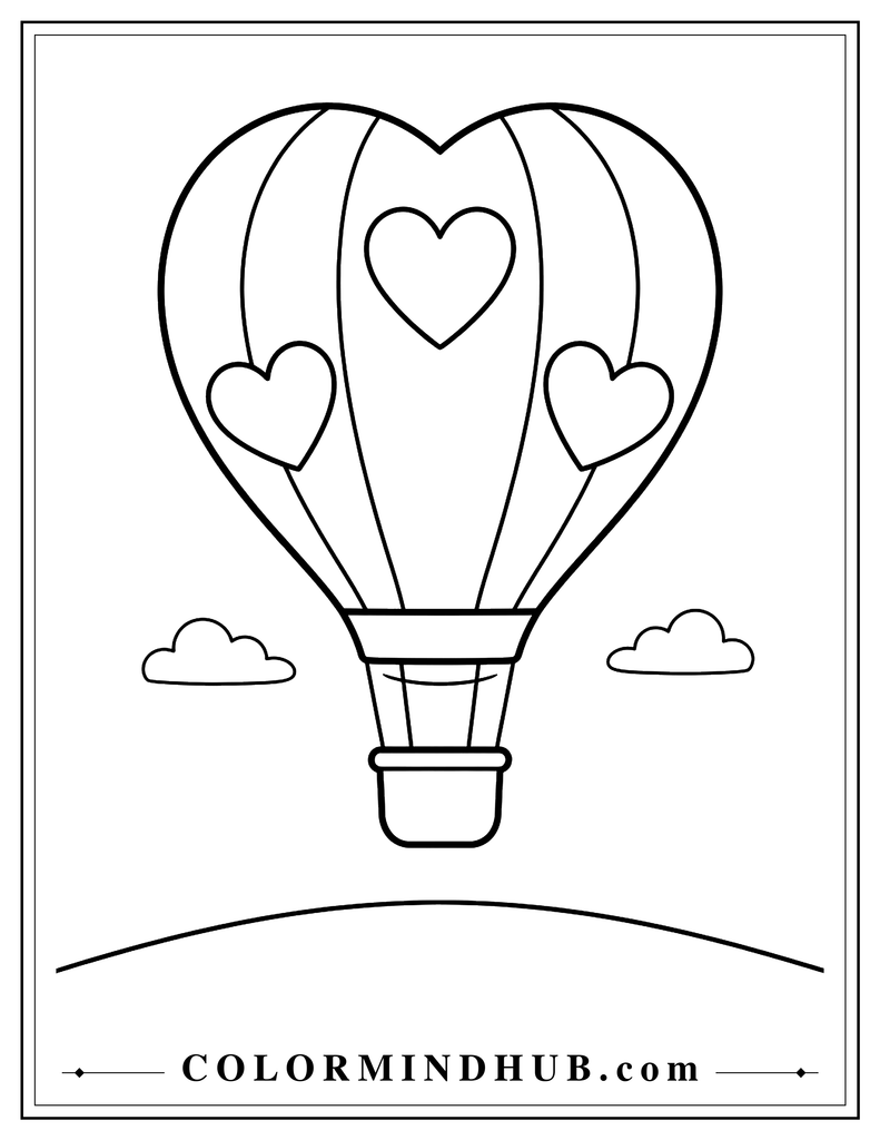 Hot air balloon with a heart-shaped canopy decorated with three large hearts, a hanging basket, two clouds, and a distant hill.