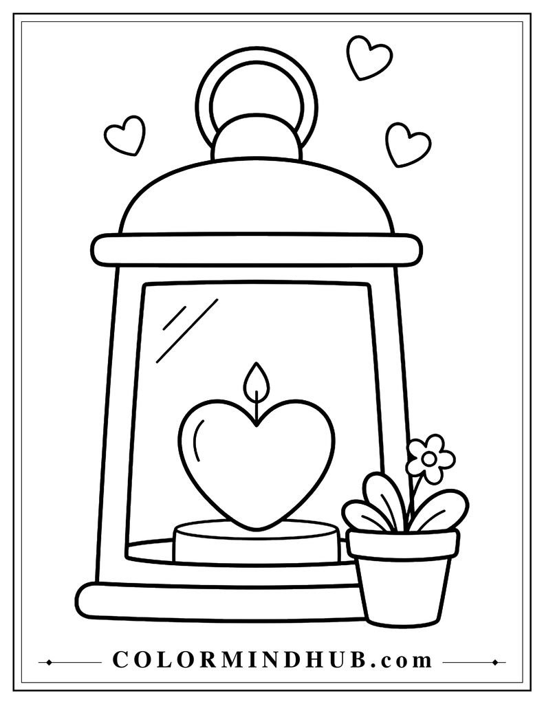 Decorative lantern containing a heart-shaped candle, with a small flower pot beside it and three hearts above.