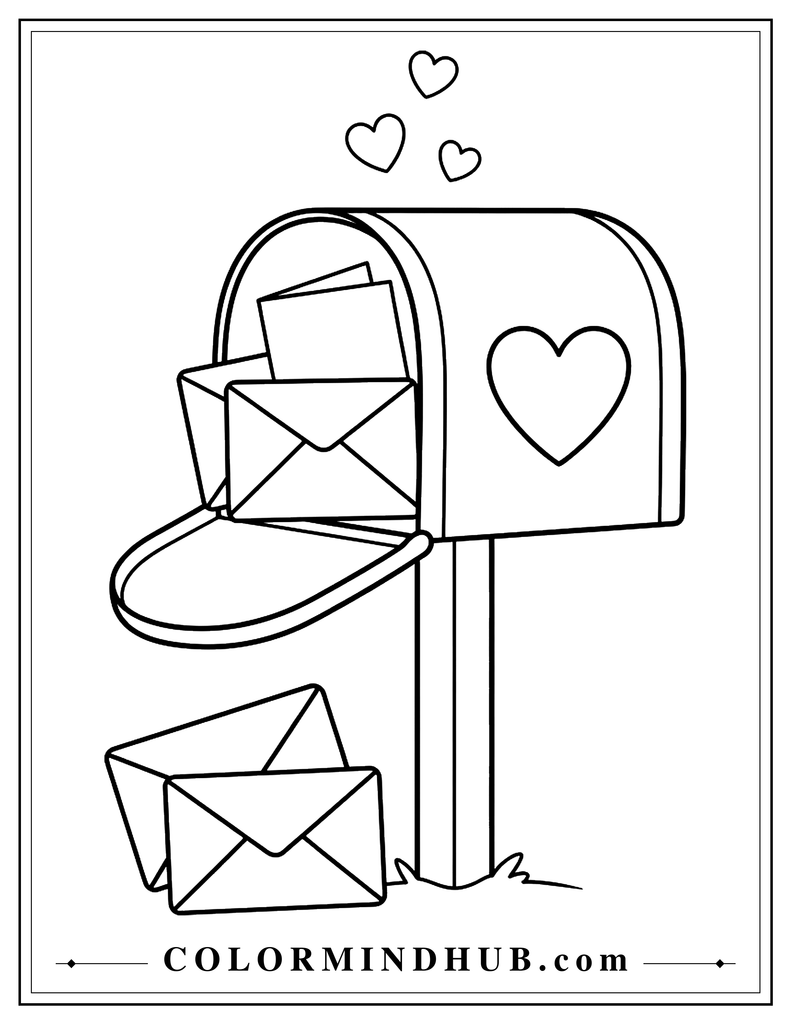 Rounded mailbox decorated with a heart and filled with envelopes and a blank greeting card, with two envelopes on the ground.