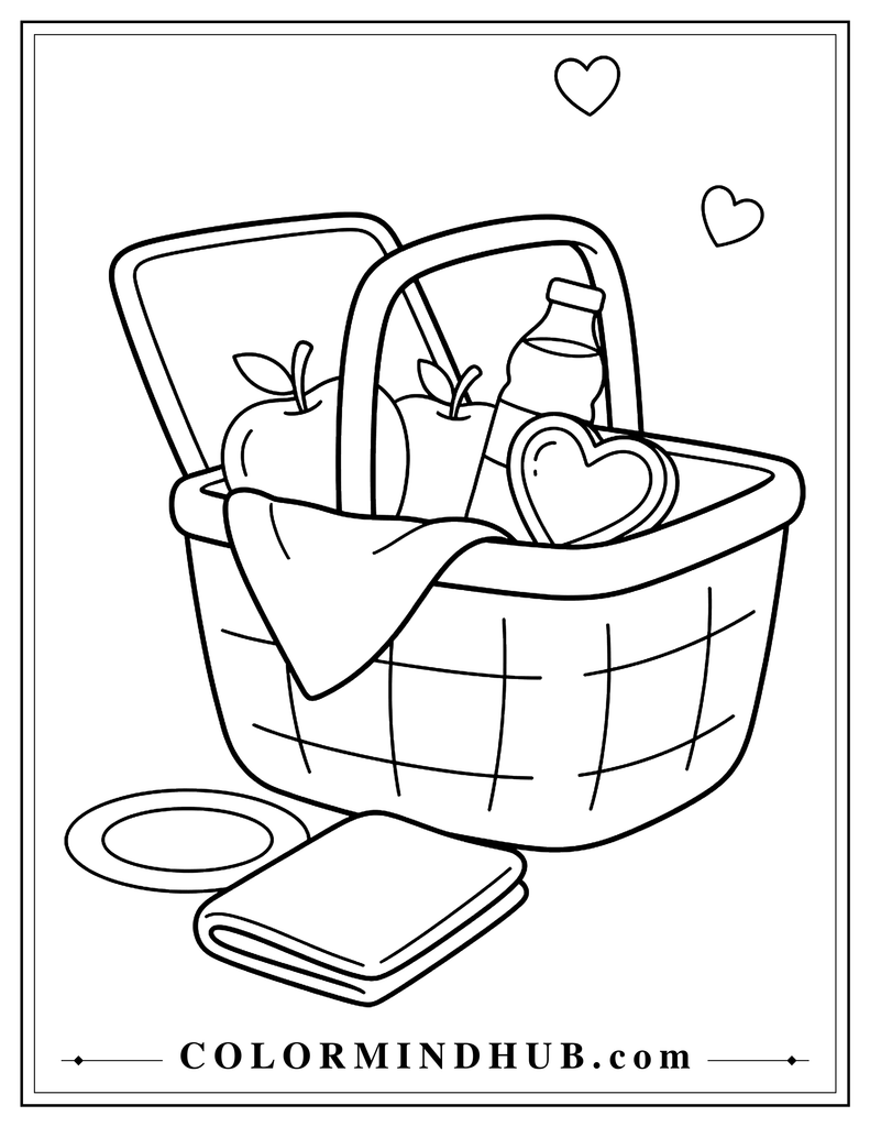 Open picnic basket containing apples, a bottle, and a heart-shaped cookie, with a plate and folded blanket beside it.