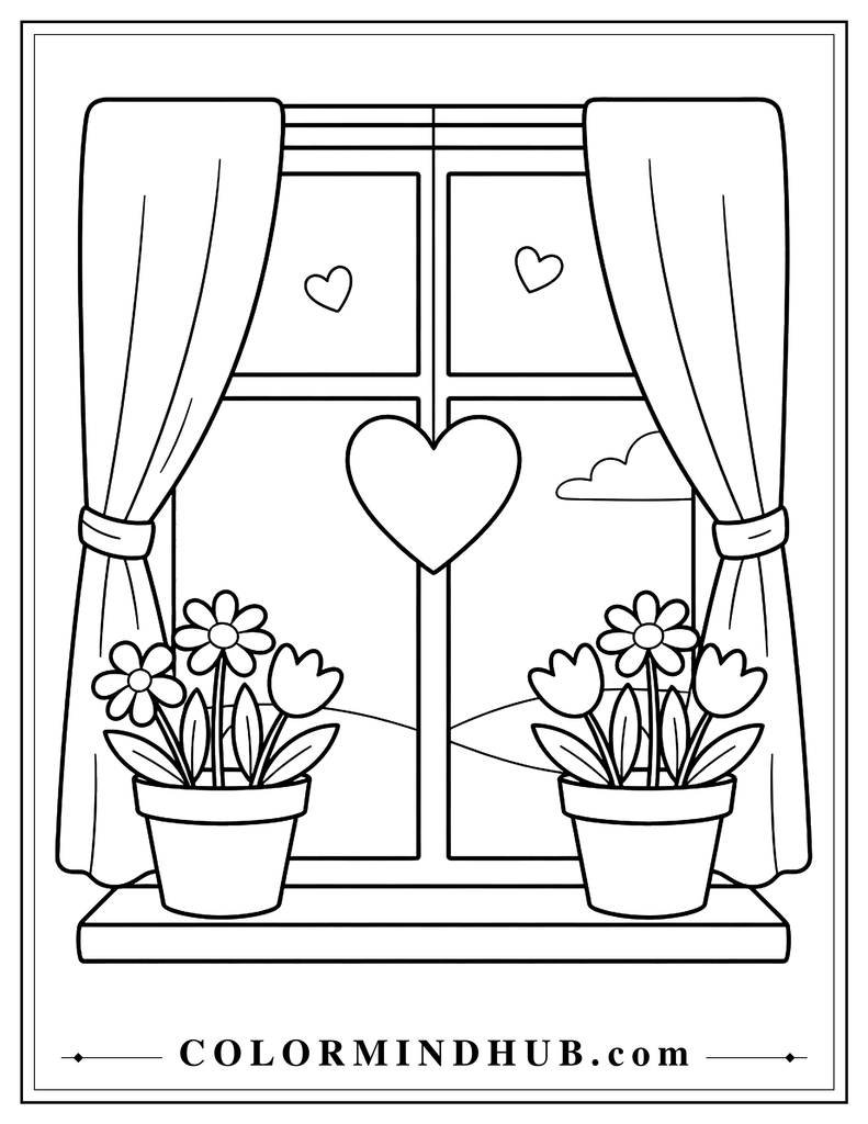 Window with curtains, two flower pots containing large flowers and leaves, and a heart-shaped decoration in the center.