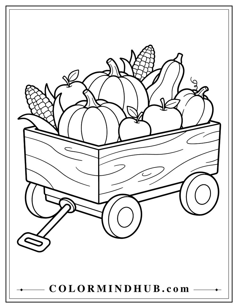 Wooden harvest wagon filled with pumpkins, corn, apples, and squash - Thanksgiving coloring page for kids