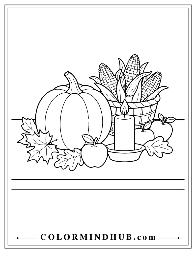 
Thanksgiving centerpiece with pumpkin, corn basket, apples, candle, and autumn decorations - Thanksgiving coloring page for kids