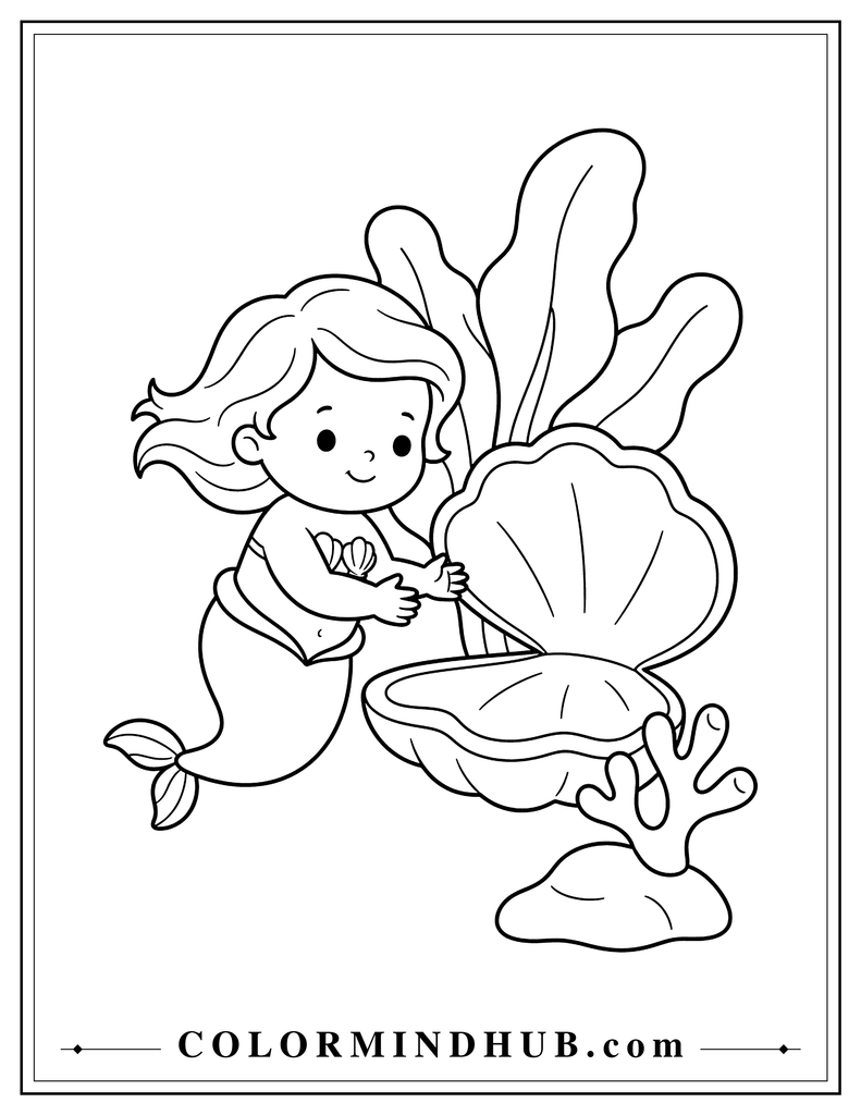 Curious baby mermaid exploring a large open seashell underwater with a broad sea plant and simple coral rock