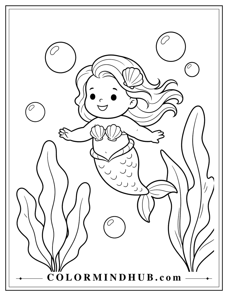Baby mermaid floating underwater among several large round bubbles and broad sea plants