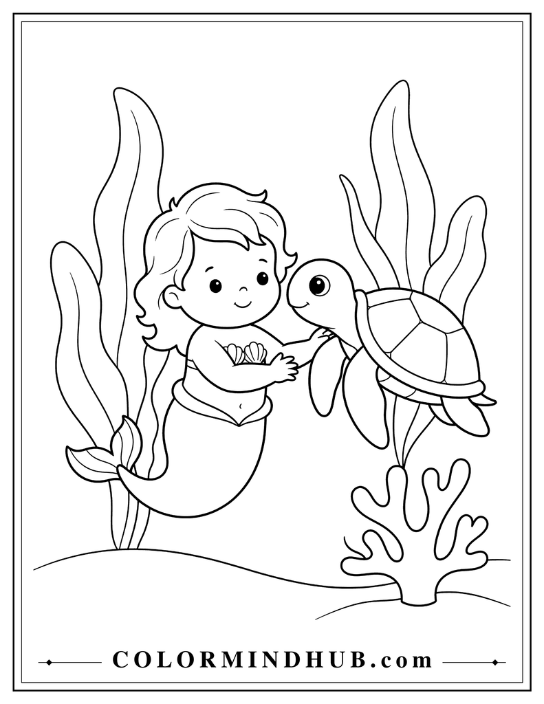 Baby mermaid playing underwater with a large friendly sea turtle, broad sea plants, and a simple coral shape