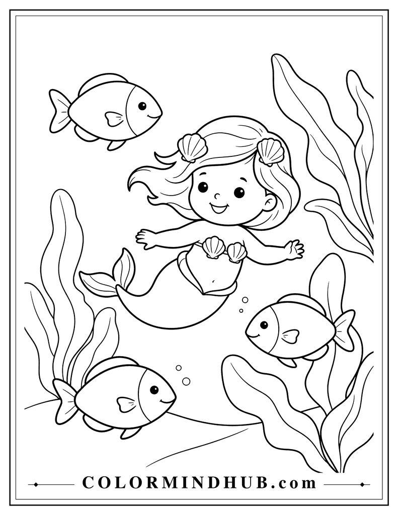 Happy baby mermaid swimming underwater with three large simple fish and several broad sea plants