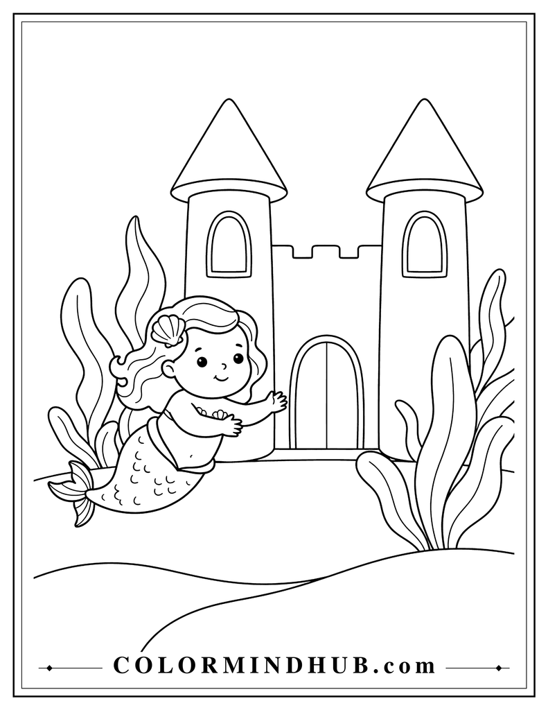  Baby mermaid swimming toward a simple underwater castle with two rounded towers, a large doorway, and broad sea plants