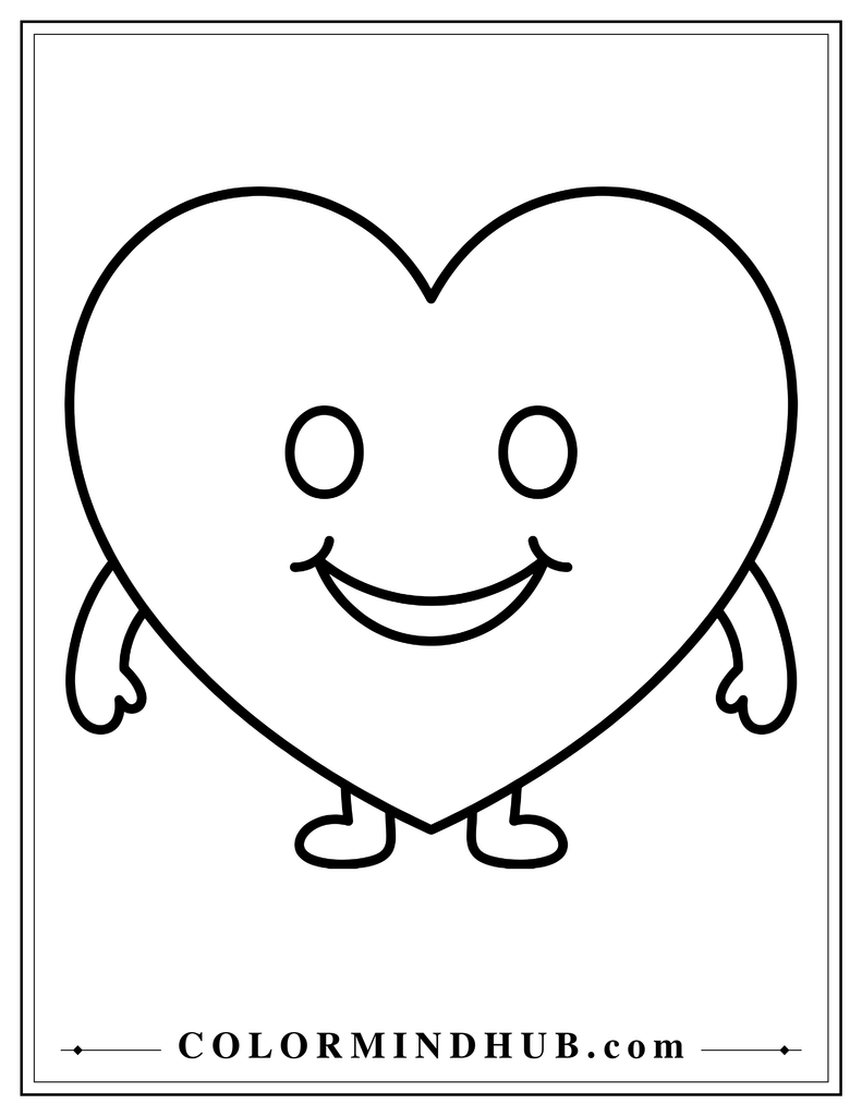 Large smiling heart character with short rounded arms and small rounded feet in a simple coloring page design.