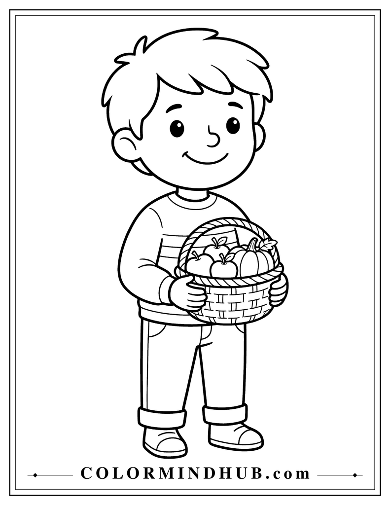 
Cheerful child holding a Thanksgiving harvest basket filled with apples and pumpkins - Thanksgiving coloring page for kids
