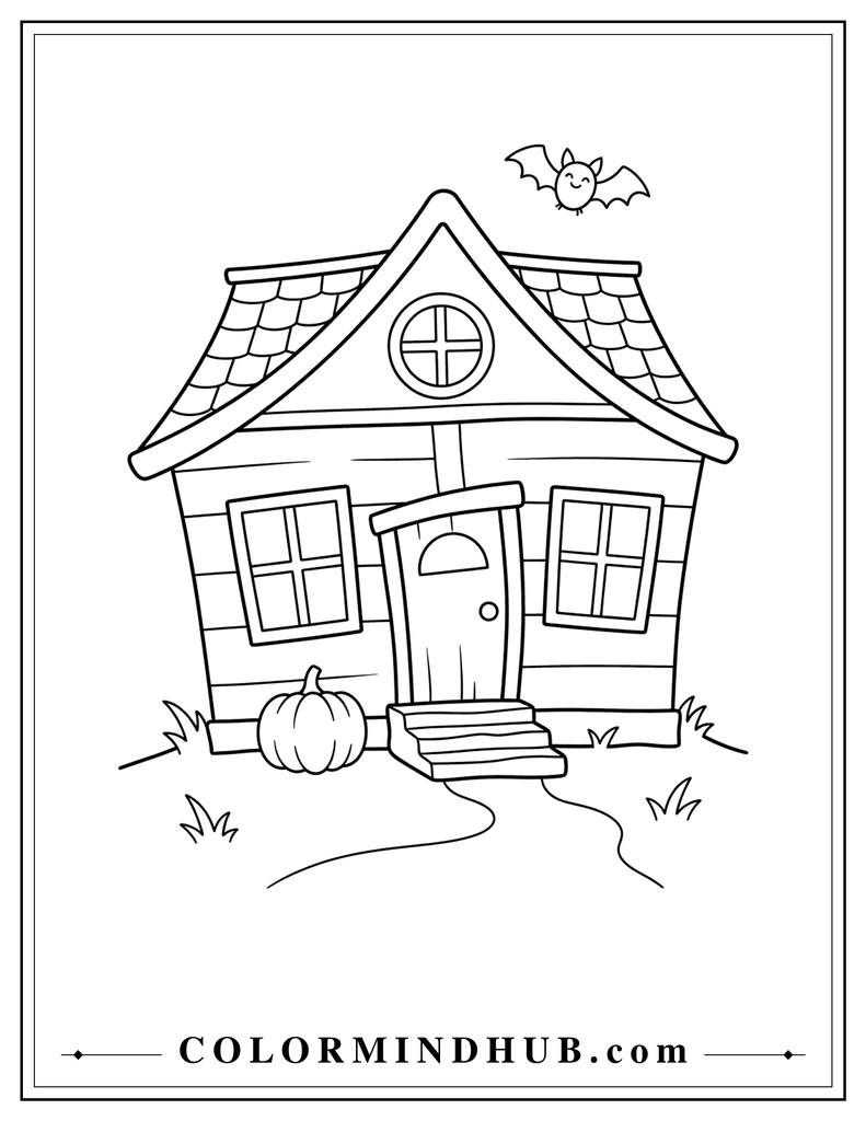 Small crooked haunted cottage with a leaning roof, round attic window, pumpkin, and flying bat - haunted house coloring page