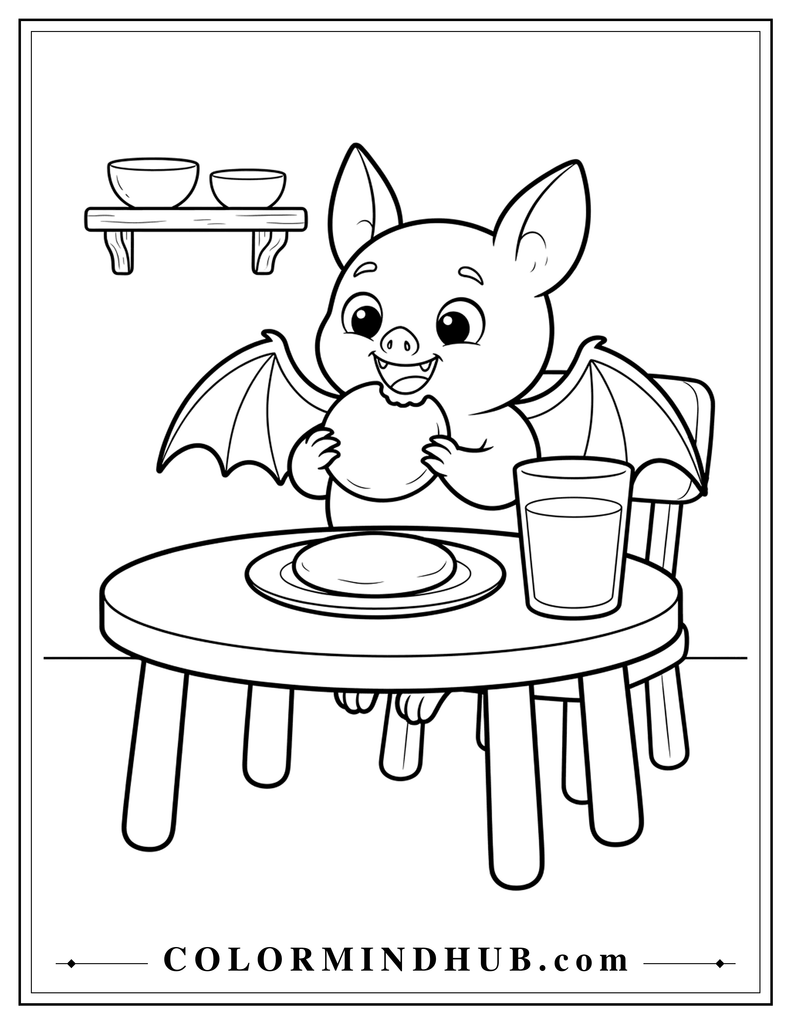Adorable little bat happily eating a large cookie at a small kitchen table - funny spooky coloring page for children