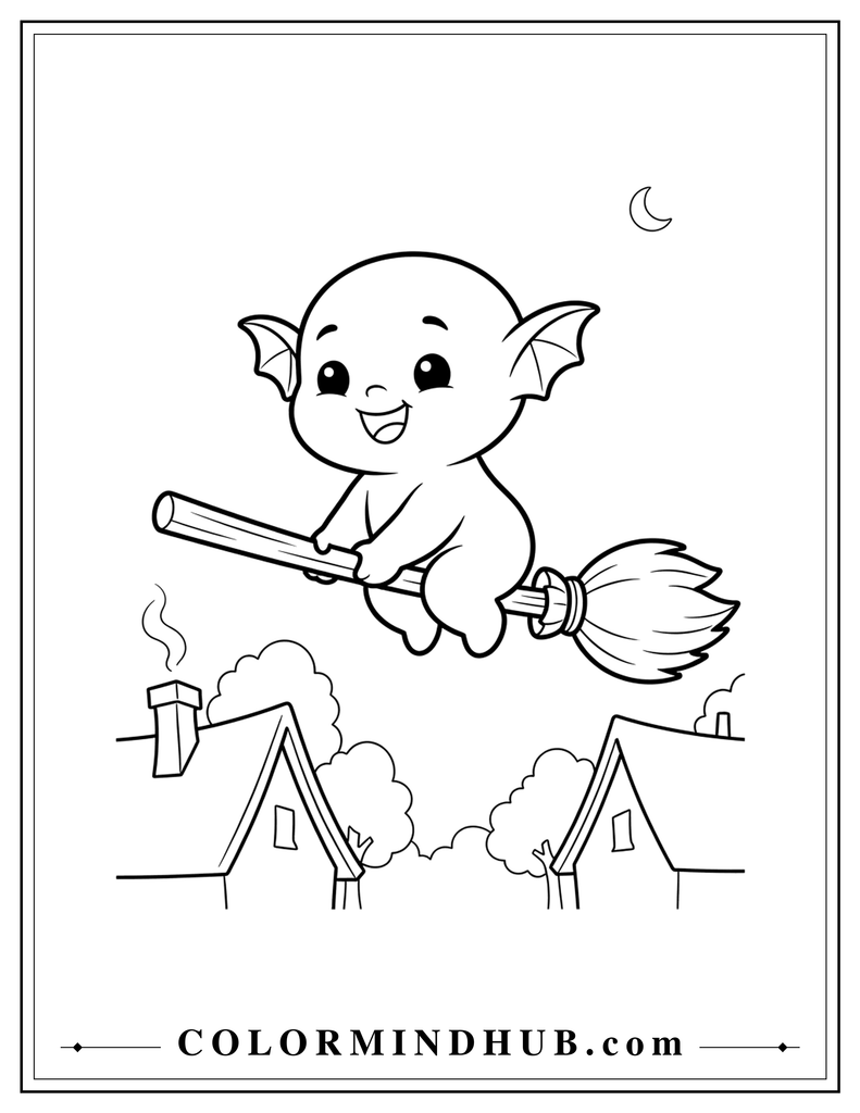 Friendly magical creature riding a witch's broom above a quiet village street - cute spooky Halloween coloring page
