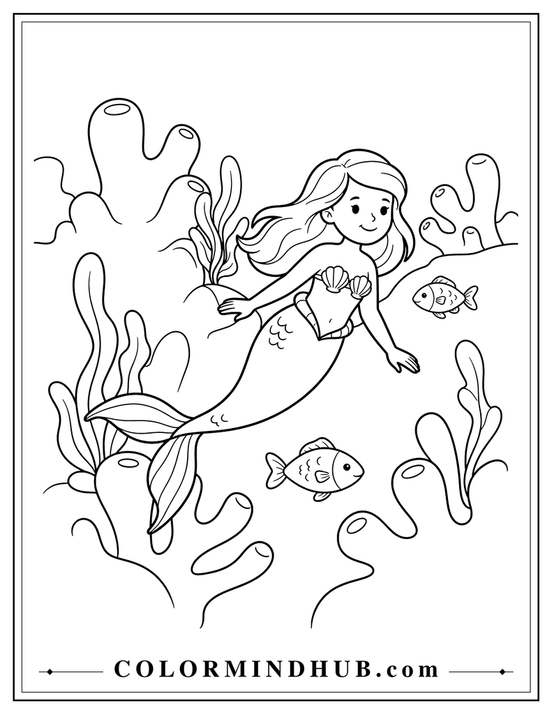 Cute mermaid swimming through an underwater coral reef with large coral shapes, broad sea plants, and two simple fish