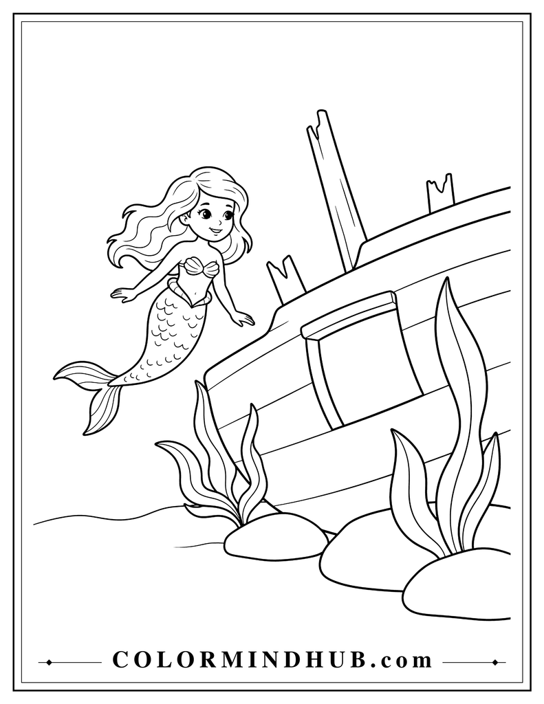 Cute mermaid swimming beside a simple sunken wooden ship underwater with a broad hull, mast, and large sea plants