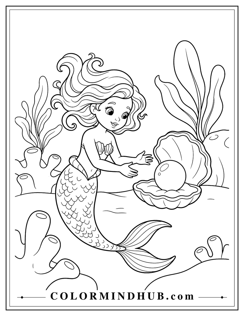 Cute mermaid discovering a large pearl inside an open seashell on the ocean floor with coral and broad sea plants nearby