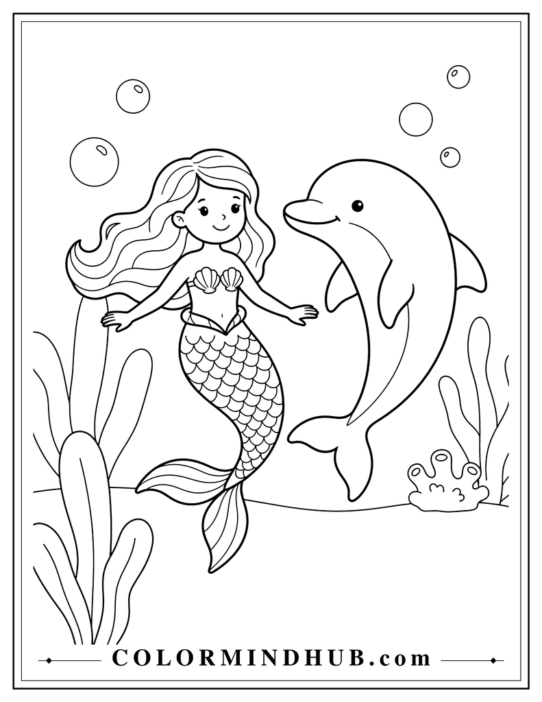 Cute mermaid swimming underwater beside a friendly dolphin with large sea plants and a simple coral formation