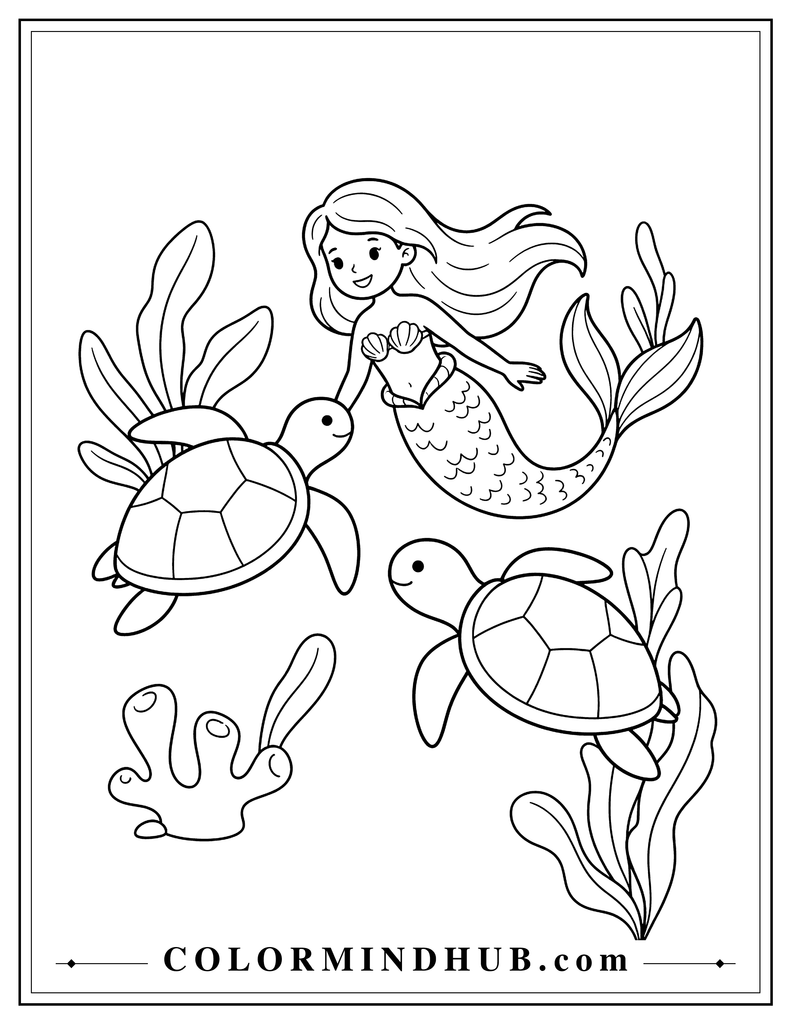 Cute mermaid swimming underwater with two friendly sea turtles, broad sea plants, and a simple coral formation
