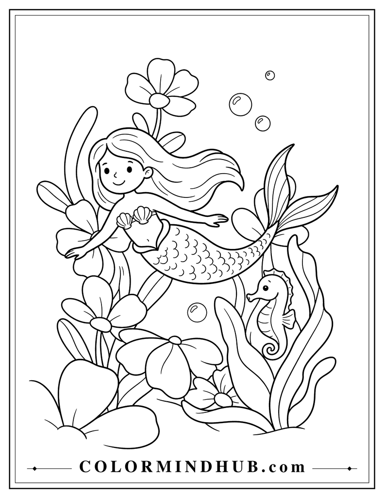 Cute mermaid swimming through an underwater garden with large sea flowers, broad sea plants, a seahorse, and simple coral