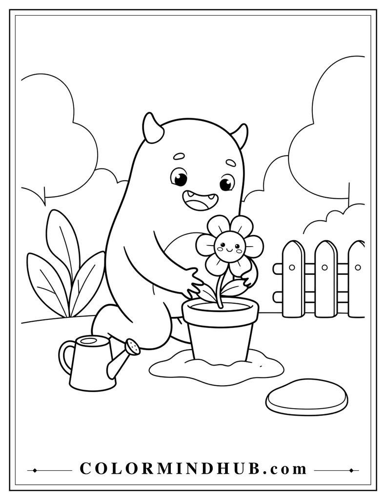 Friendly little monster planting a magical flower in a pot inside an enchanted garden - cute Halloween coloring page for kids