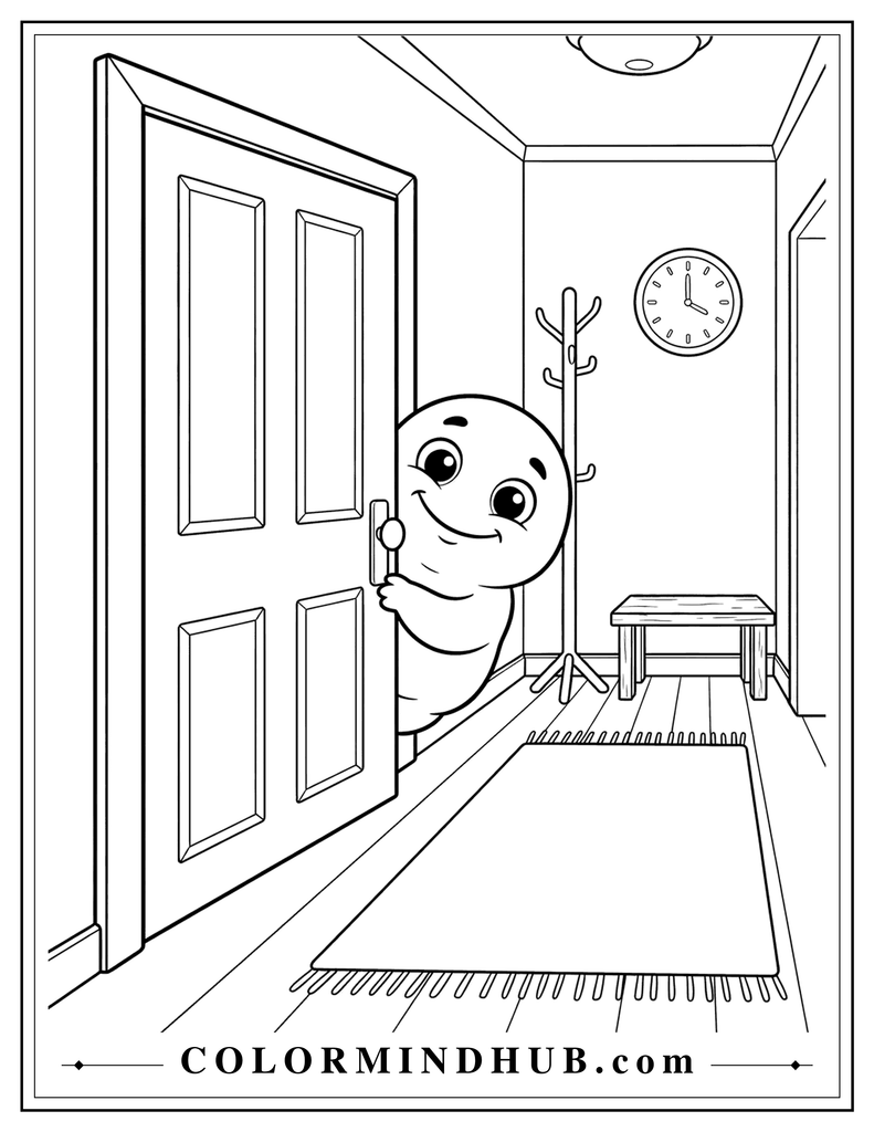 Playful little monster peeking around a door while playing hide-and-seek in a cozy hallway - spooky Halloween coloring page