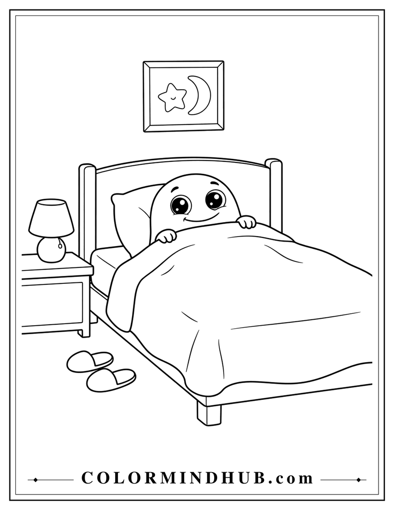 Adorable little monster peeking out from under a cozy blanket on a simple bed - spooky coloring page for children