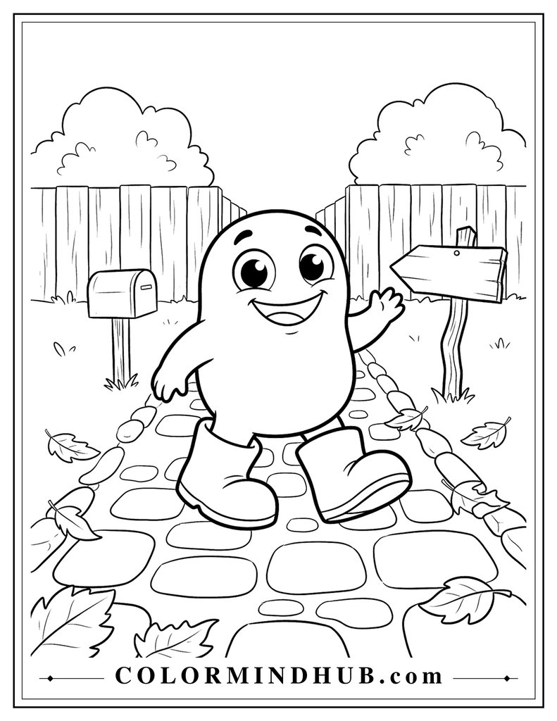 Friendly little monster proudly walking in oversized boots along a small autumn village lane - Halloween coloring page for kids