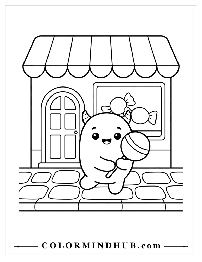 Small friendly monster holding an oversized lollipop outside a simple candy shop - cute Halloween coloring page