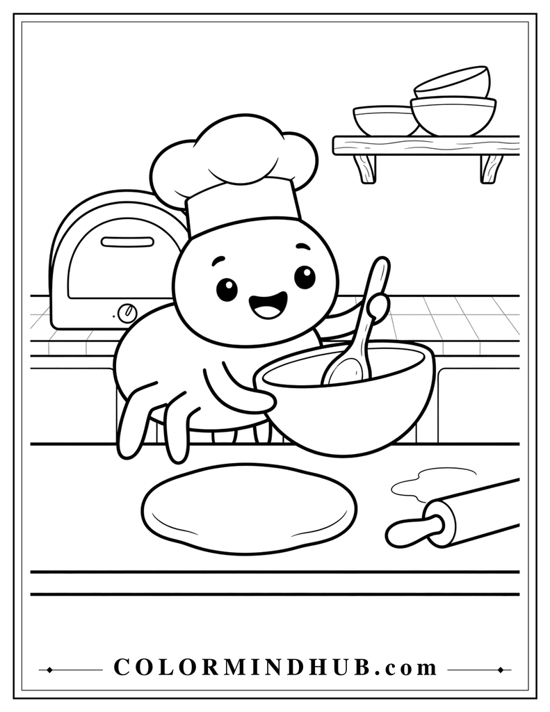 Adorable spider wearing a chef hat and preparing a large cookie in a simple kitchen - spooky coloring page for kids