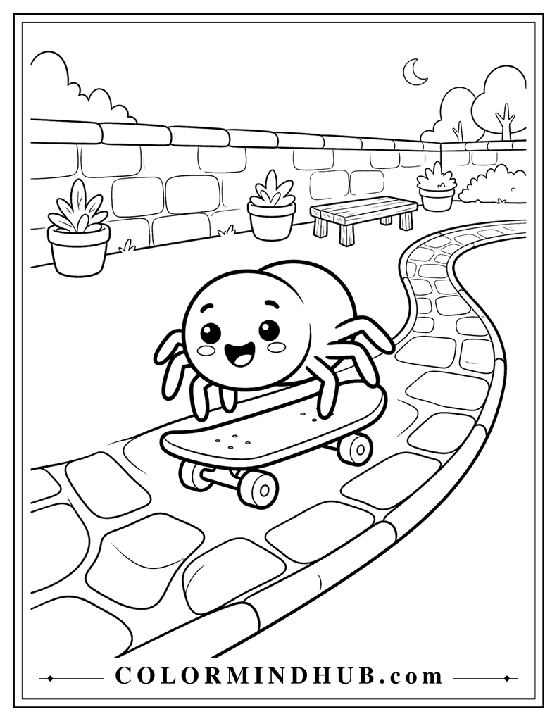 Playful little spider riding a small skateboard along a Halloween sidewalk - cute spooky coloring page for children