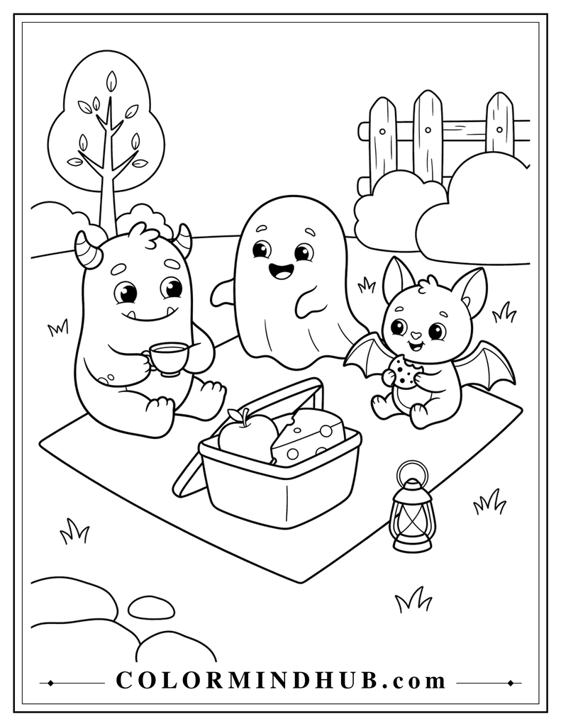 Friendly monster, little bat, and smiling ghost enjoying a picnic together with a snack basket - cute spooky coloring page for kids