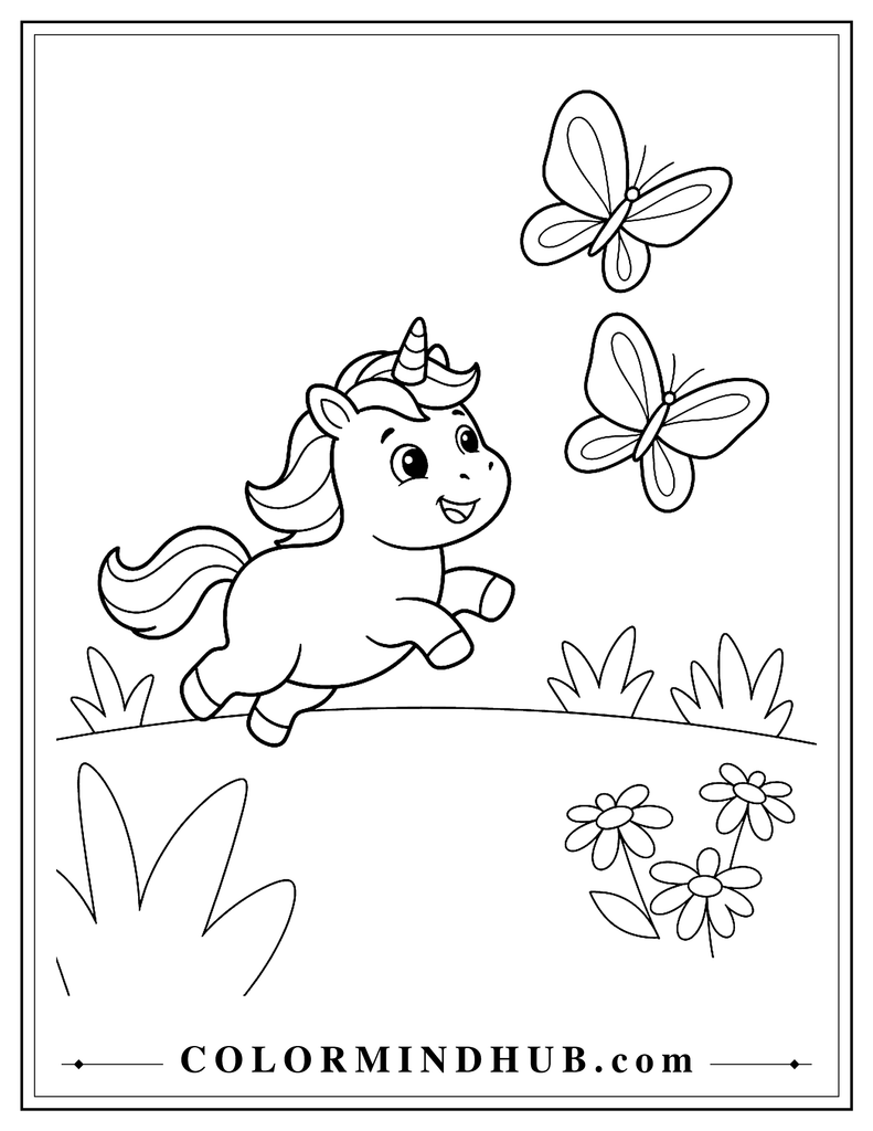 Happy baby unicorn running after two large butterflies in a simple sparse meadow