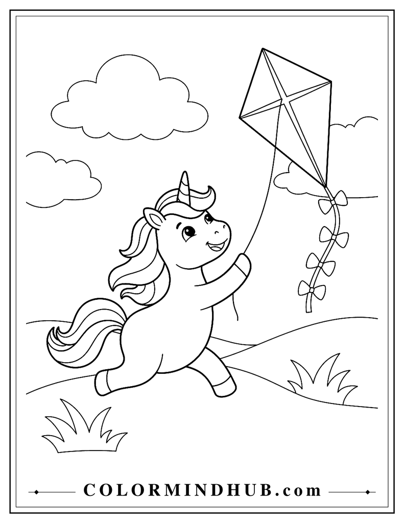 Cute unicorn running while flying a large diamond-shaped kite with a ribbon tail, two large clouds, and simple hills