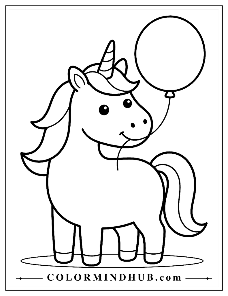 Simple unicorn standing while holding one large round balloon with very large open coloring spaces
