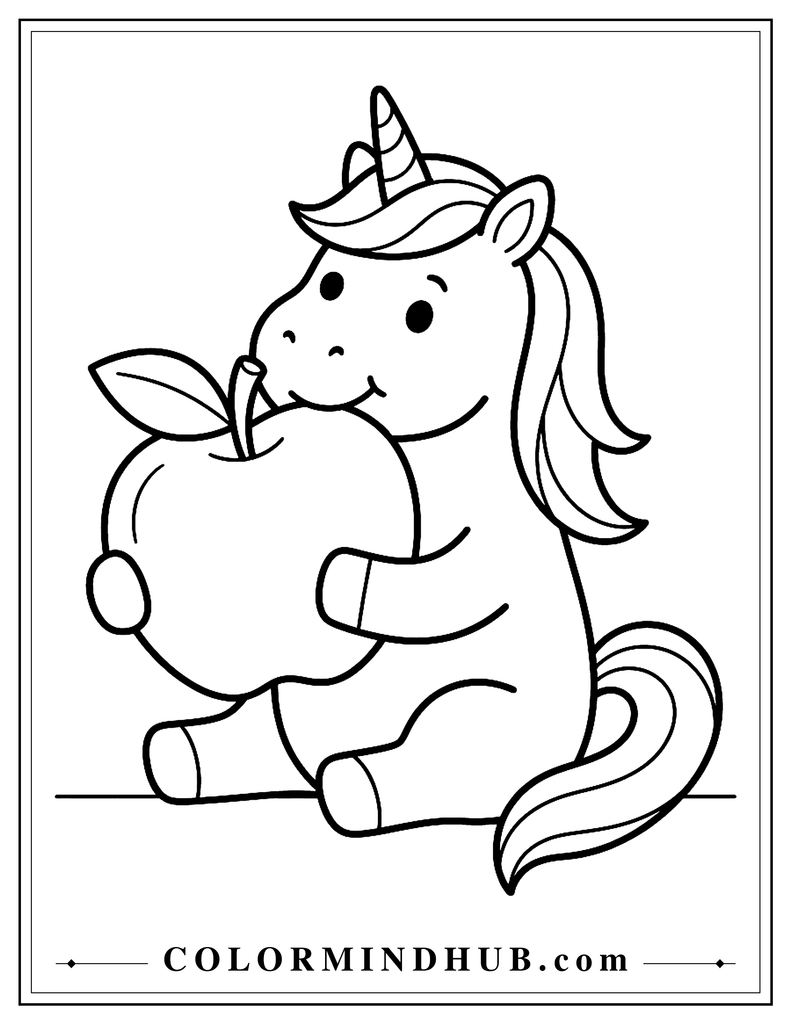 Simple unicorn happily eating one large apple with no background objects