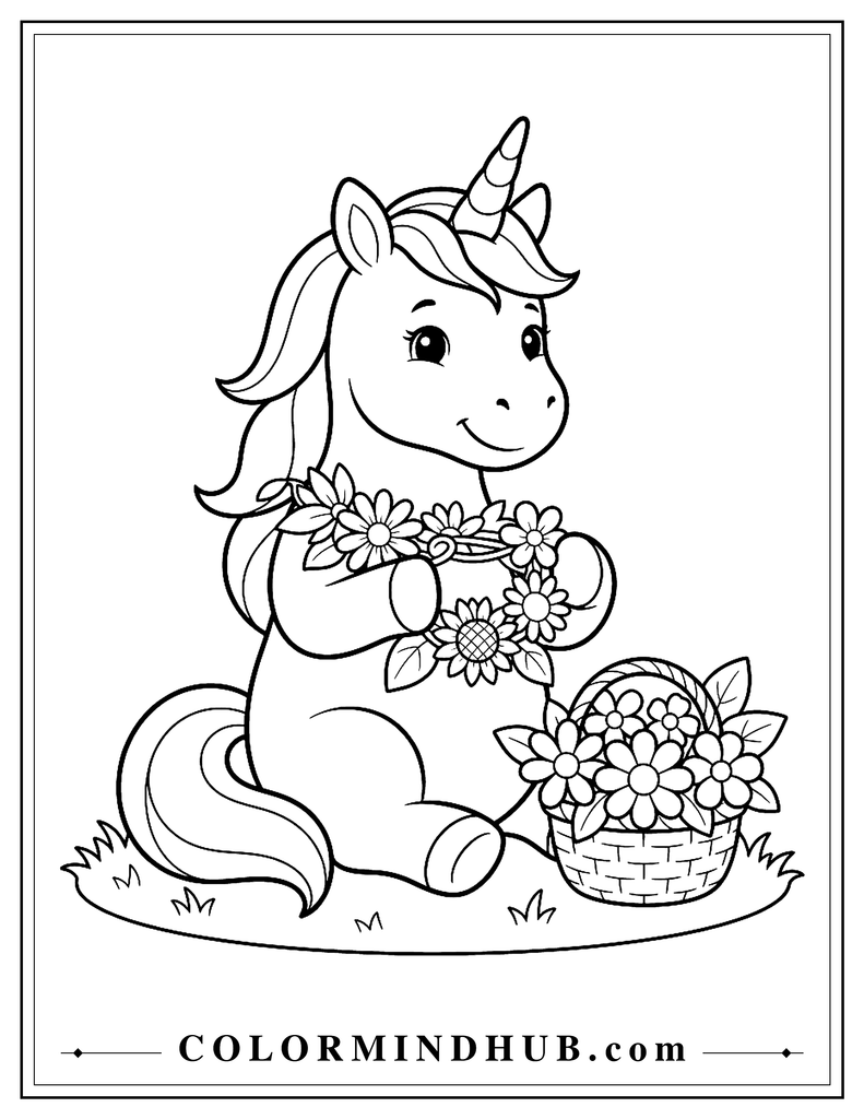 Cute unicorn sitting and making a flower crown from several large flowers and leaves with a small basket of flowers beside it