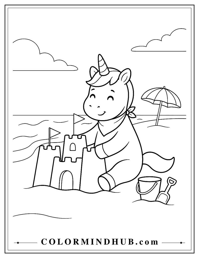 Cute unicorn sitting on a beach and building a large sandcastle with a small bucket, shovel, and beach umbrella