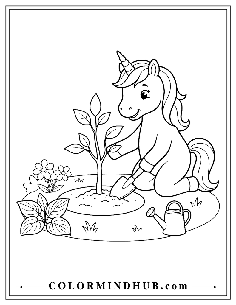 Cute unicorn planting a young tree with a small gardening shovel, watering can, and a few large leaves nearby