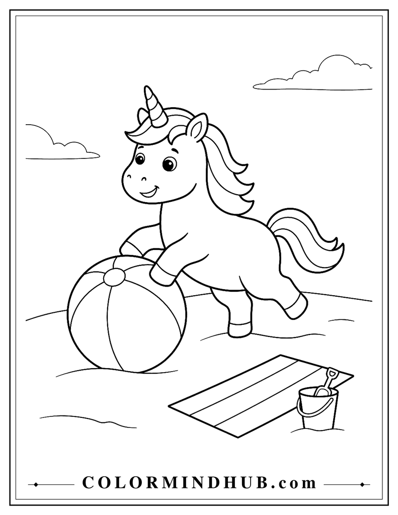 Cute unicorn playfully pushing a large beach ball with its front legs beside a beach towel and small bucket