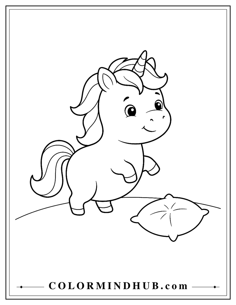 Baby unicorn taking its first careful steps with short legs, a rounded body, small horn, and a soft cushion nearby