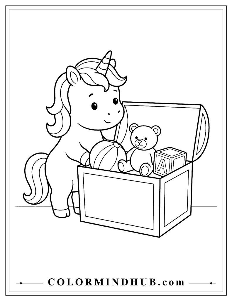 Curious baby unicorn looking into an open toy chest containing a ball, teddy bear, and wooden block