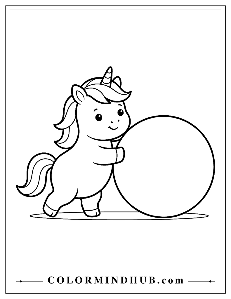 Baby unicorn pushing a large round ball with its front legs, with short legs, a rounded body, and small horn