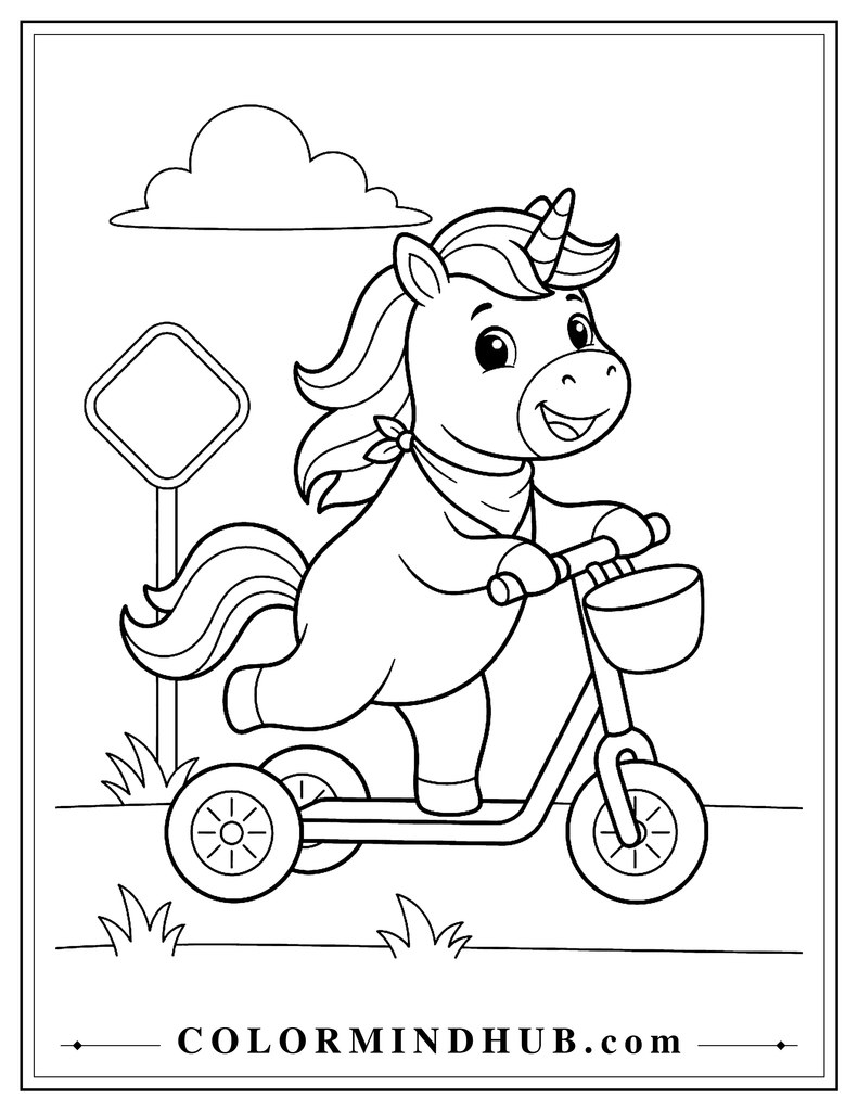 Cute unicorn riding a simple three-wheel scooter with a small basket attached to the front and a simple road sign in the background