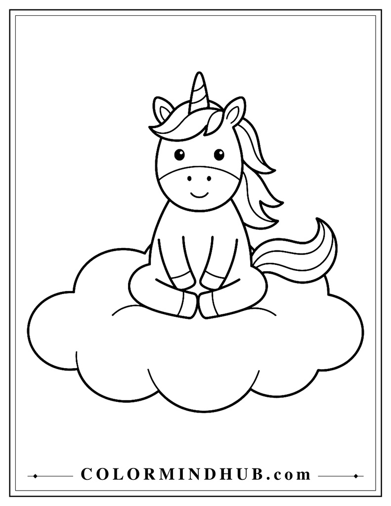 Simple unicorn sitting on one large soft cloud with minimal internal details