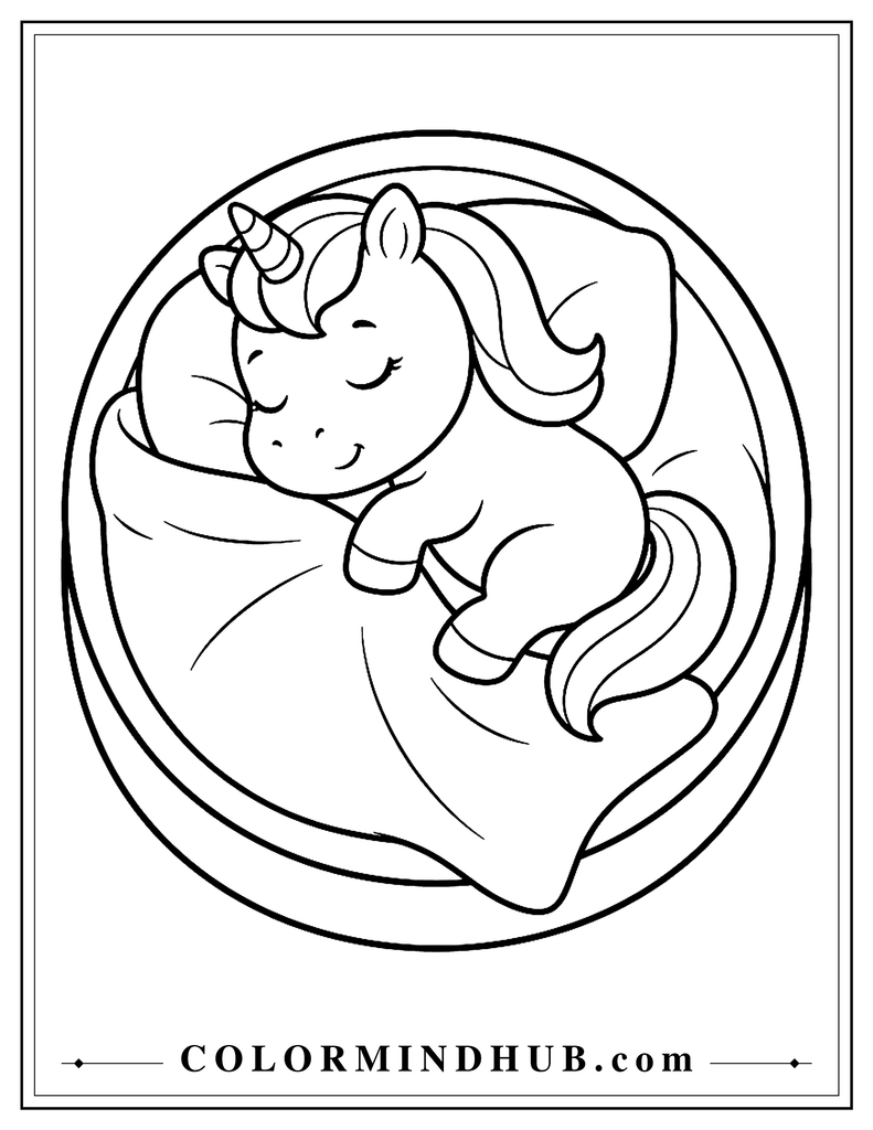 Sleepy baby unicorn curled up in a simple cozy round bed with a soft blanket and closed eyes