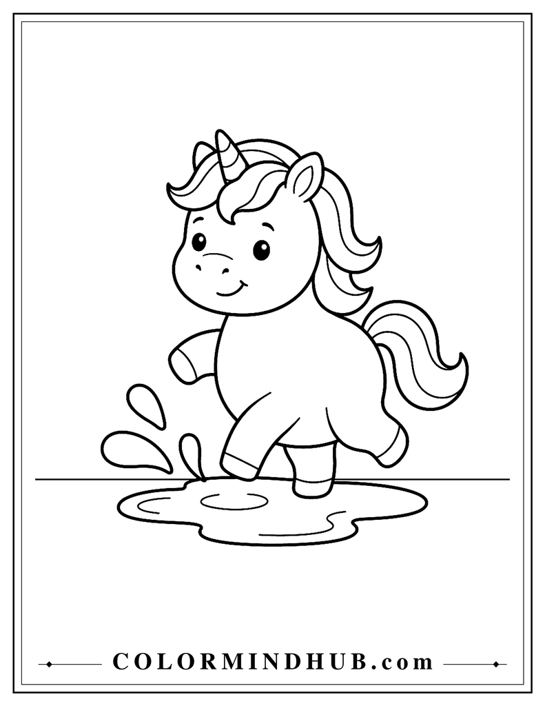 Playful baby unicorn stepping into a small puddle with a few large simple water splashes around its feet